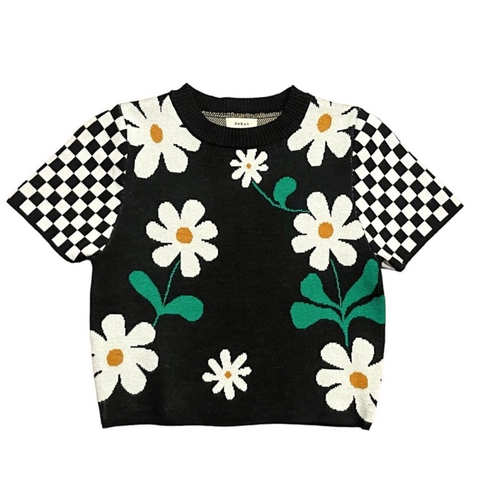 Debut Womens Floral Checkered Short Sleeve Knit‎ Sweater Top